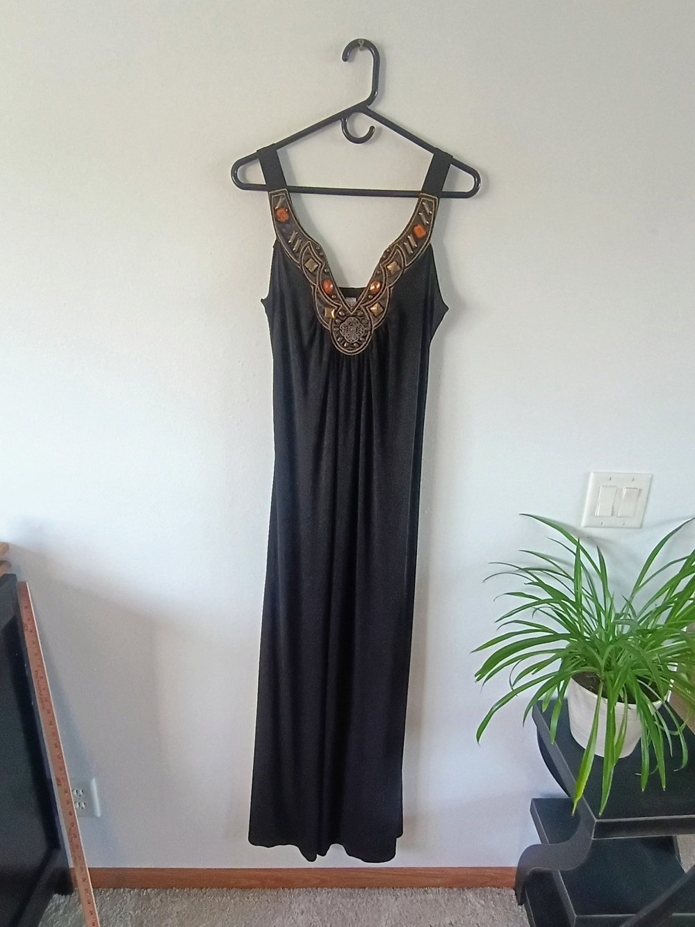 🖤 Studio Y Black Maxi Dress M Embellished Jeweled Boho Glam Medallion Made USA